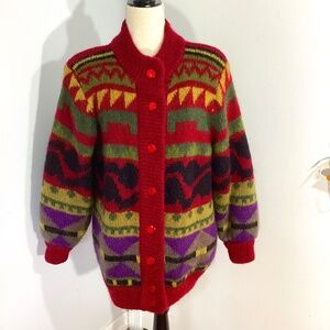 VINTAGE 80-90'S WOMAN ALSEINE LARGE  KNIT WOOL BLEND JACKET LINED AZTEC